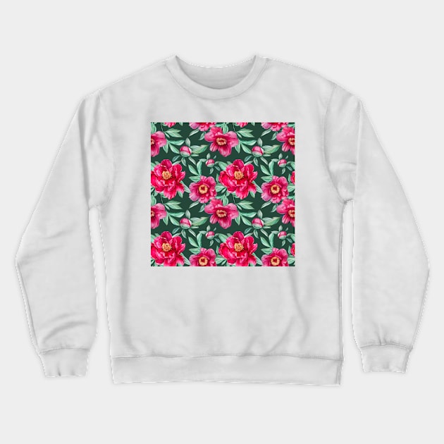 Pattern with bright peonies on green Crewneck Sweatshirt by Oksana Creates